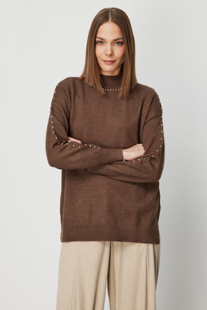 ON TRİKO Kumaşı Simli Zımba Detaylı Triko Kazak 60307 - kahve