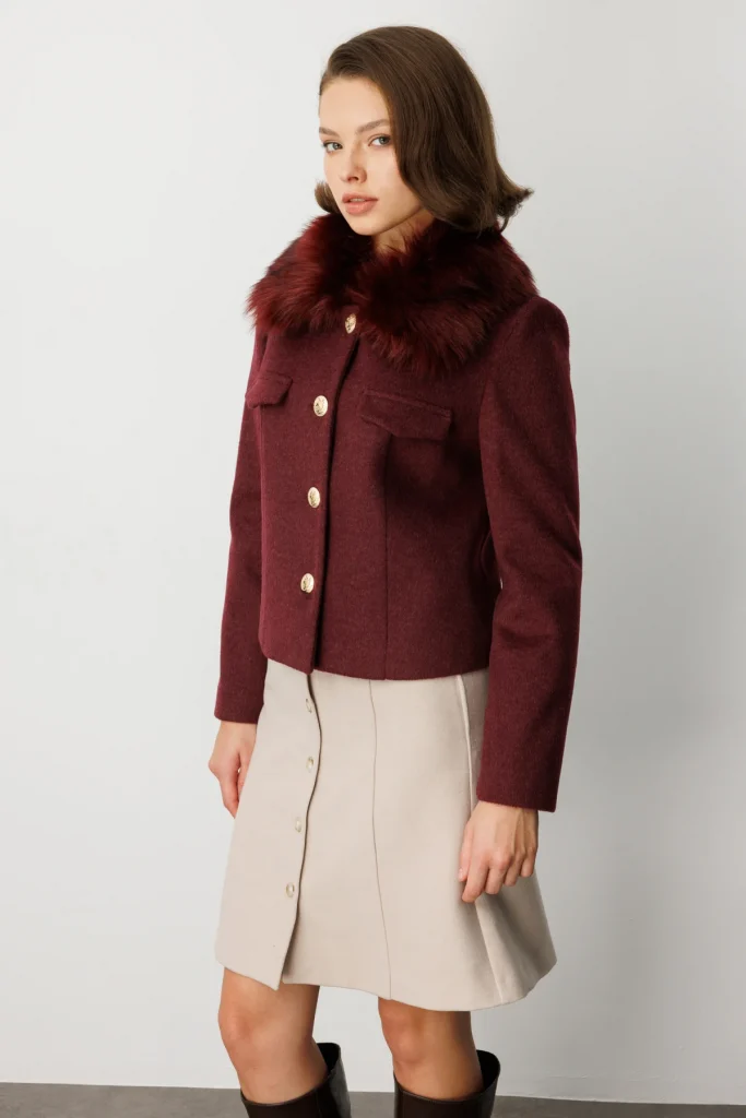 EKOL Yakası Kürklü Kısa Mont 6121 - bordo