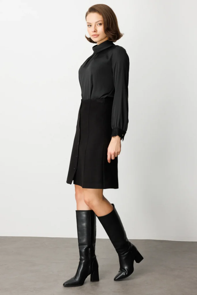 EKOL Önü Düğmeli Diz Üstü Kaşe Etek 2109 - Siyah