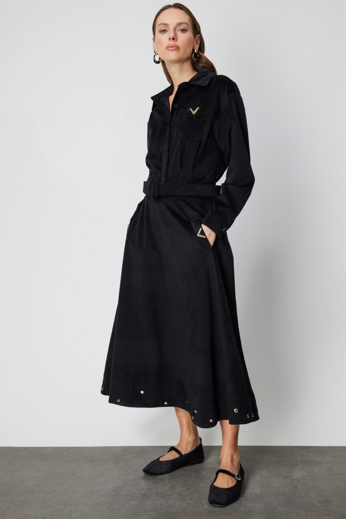 ON TRİKO Zımbalı Fitilli Midi Etek 66535 - Siyah