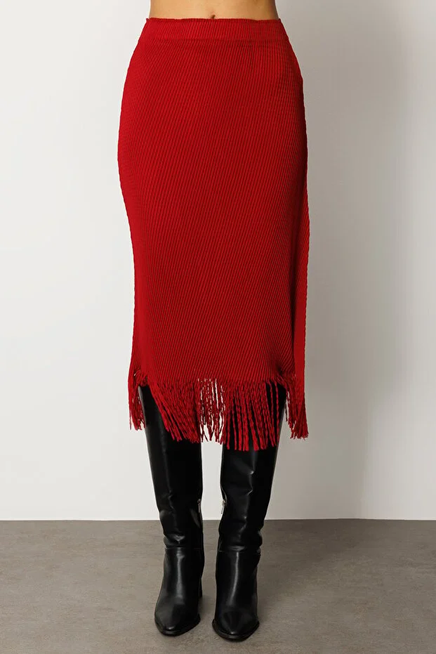 EKOL Kadın Beli Lastikli Püsküllü Etek 3911 - bordo