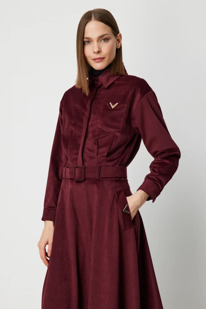 ON TRİKO Beli Kemerli Fitilli Ceket  66534 - bordo