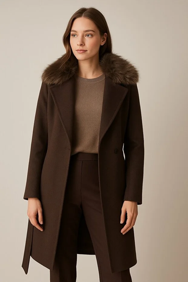 EKOL Yakası Kürklü Beli Kuşaklı Kaban  6001 - kahve