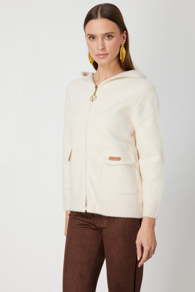 ON TRİKO Kapak Cepli Peluş Hırka 60936 - KREM