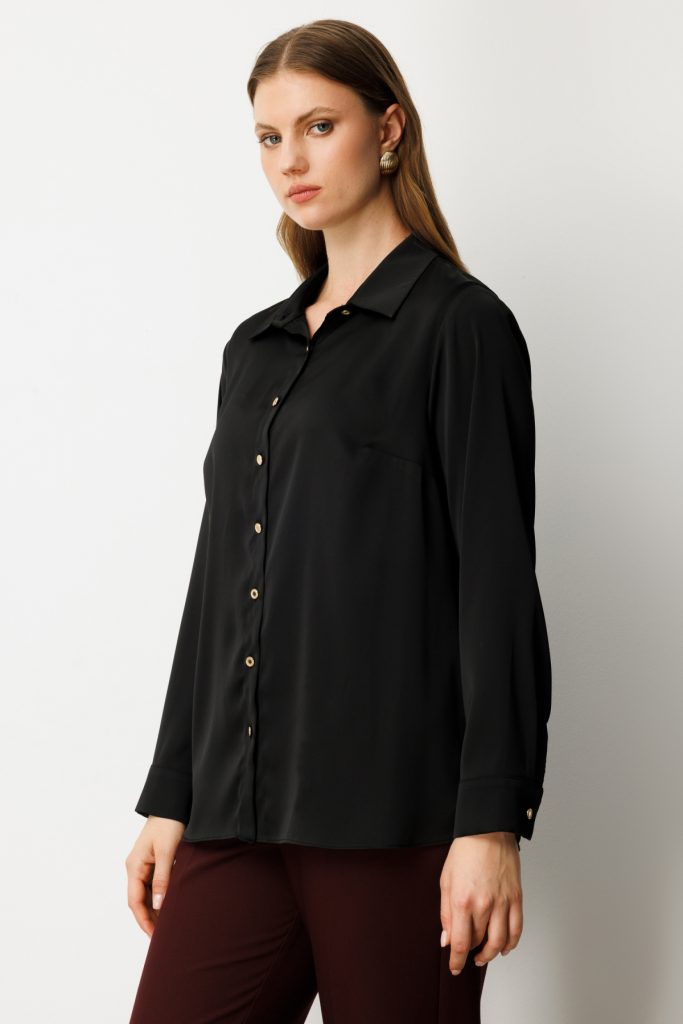 Ekol Düğmeli Saten Gömlek 3505-26k - Siyah