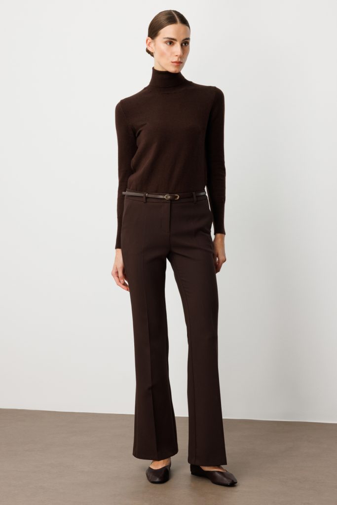 EKOL Beli Kemerli İspanyol Paça Pantolon 1011 - kahve