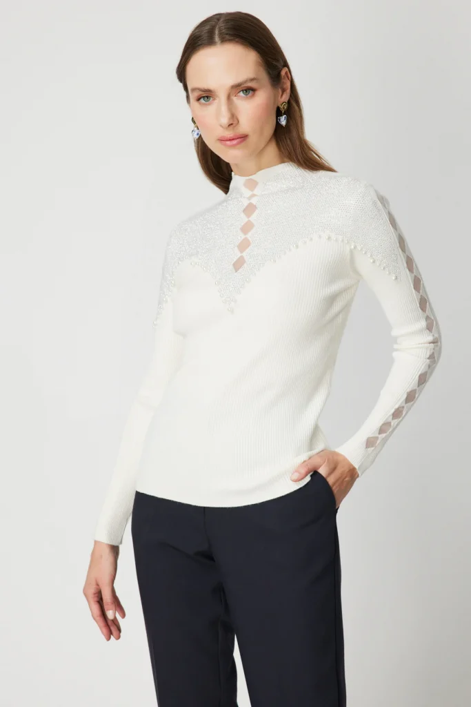 ON TRİKO Yakası Taşlı Dik Yaka Triko Kazak 60386 - EKRU