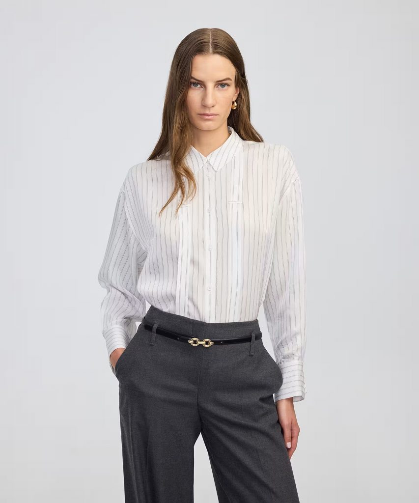 İPEKYOL Çizgi desen fularlı gömlek IW6250025119 - EKRU