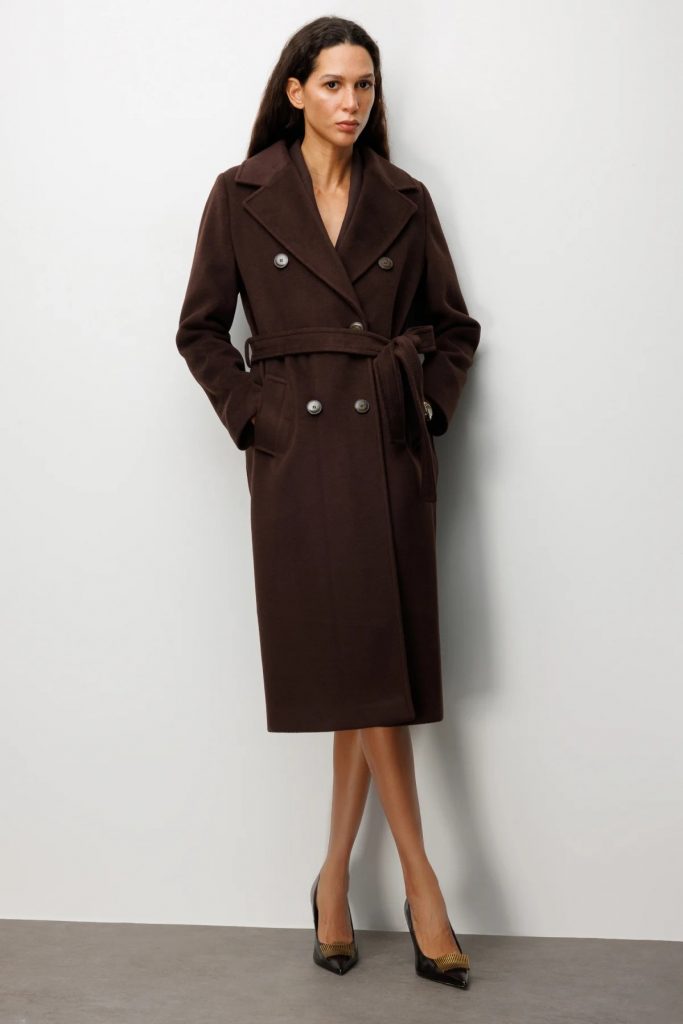 EKOL Beli Kuşaklı Kruvaze Yaka Kaban 6063 - kahve