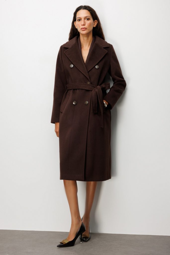 EKOL Beli Kuşaklı Kruvaze Yaka Kaban 6063 - kahve