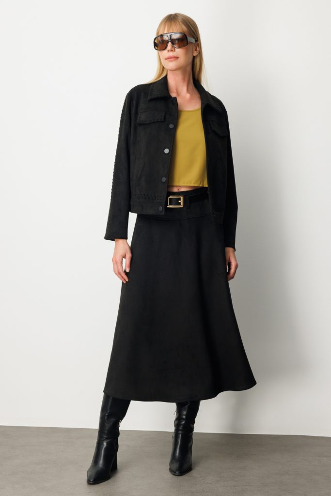 EKOL Çıtçıtlı Süet Mont 8015 - Siyah