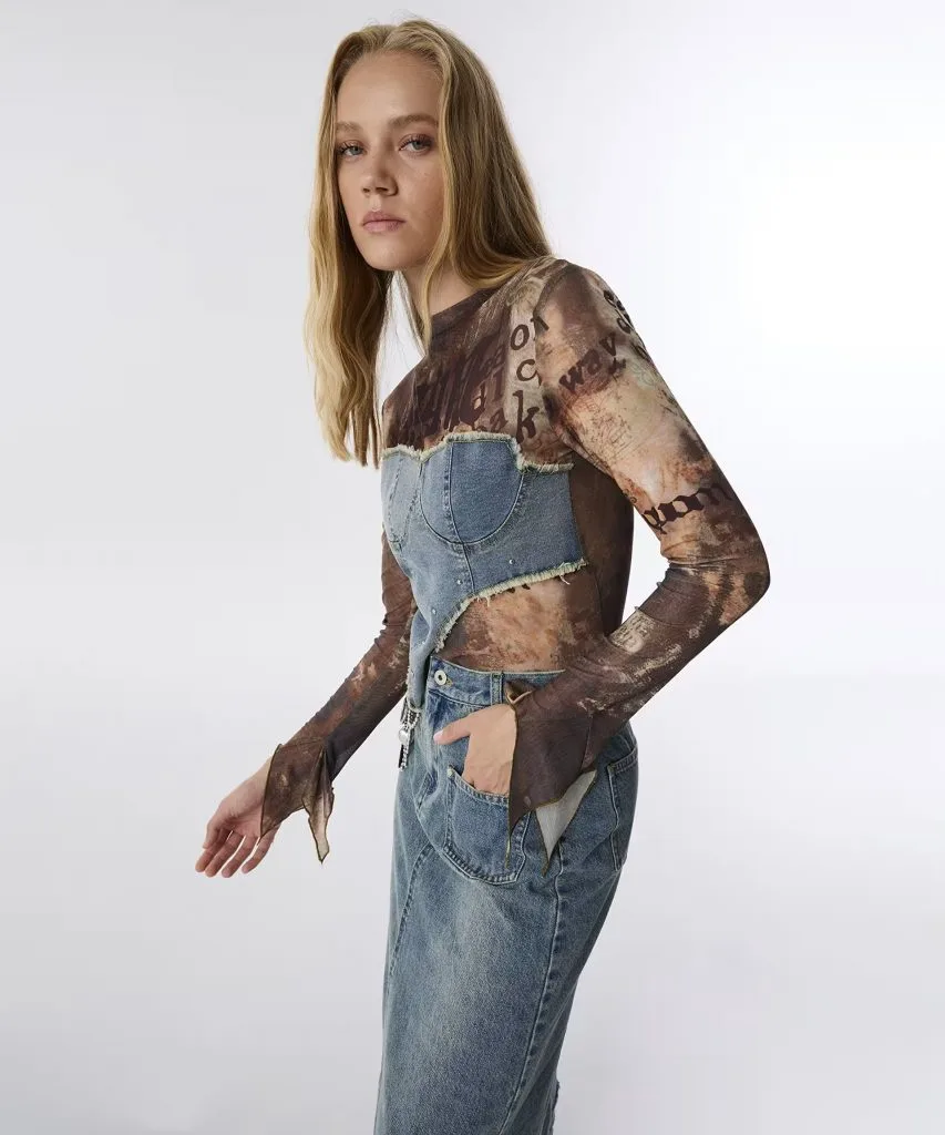 TWIST Çift Parça Görünüm Denım Mıx t-shırt TW6250070051 - kahve