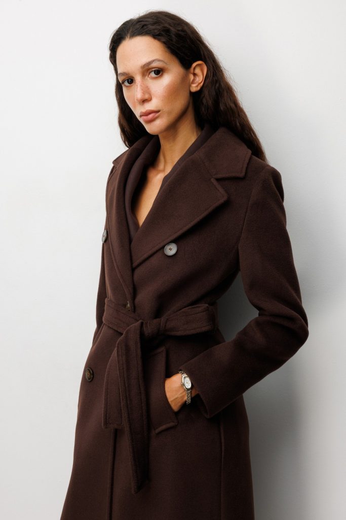 EKOL Beli Kuşaklı Kruvaze Yaka Kaban 6063 - kahve