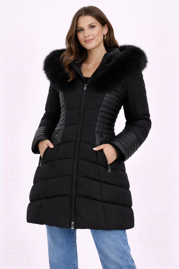 Guess Suni Kürk Kapüşonlu Şişme Mont W4BL61WGLZ0-24K - Siyah