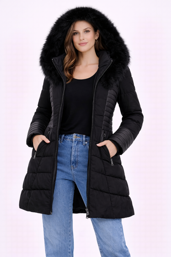 Guess Suni Kürk Kapüşonlu Şişme Mont W4BL61WGLZ0-24K - Siyah