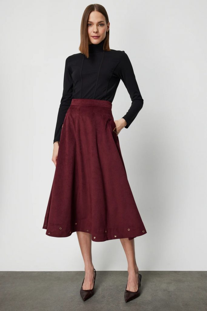 ON TRİKO Zımbalı Fitilli Midi Etek 66535 - bordo