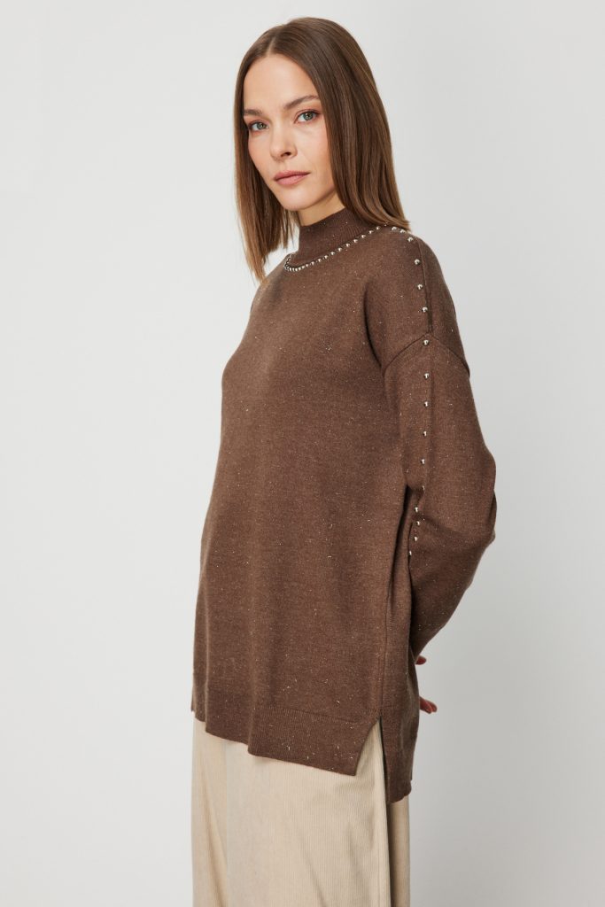 ON TRİKO Kumaşı Simli Zımba Detaylı Triko Kazak 60307 - kahve
