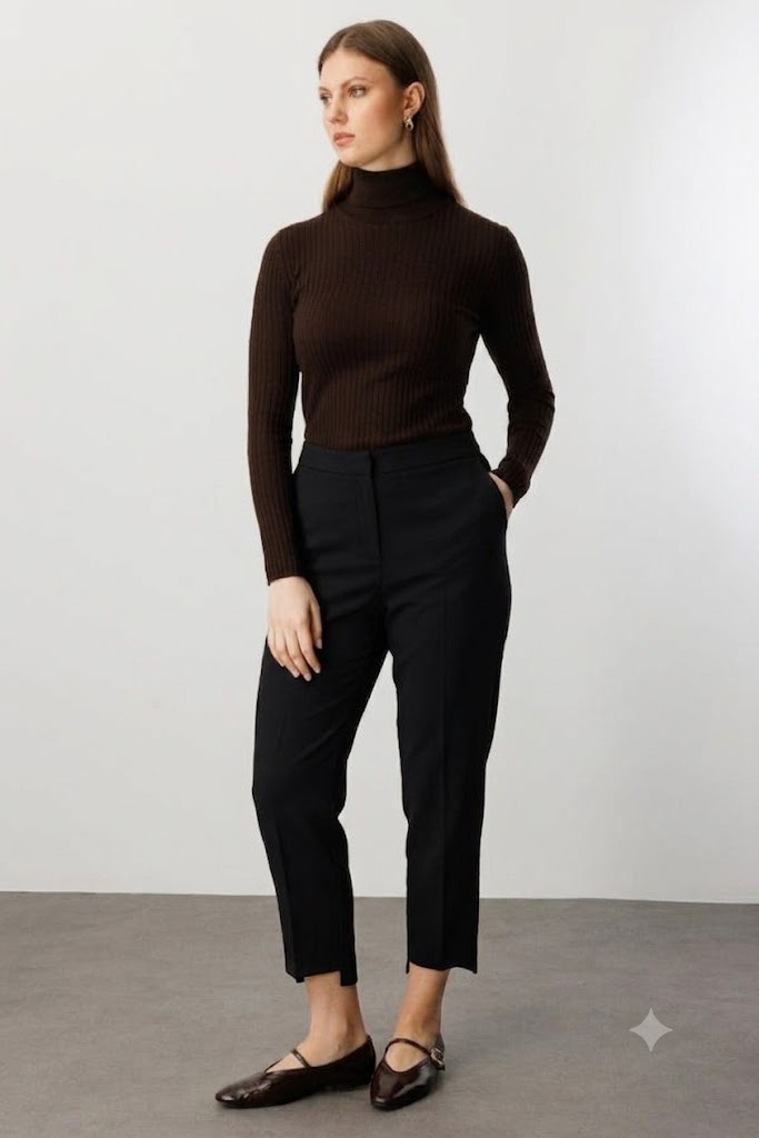 EKOL Zikzak Desenli Dar Paça Pantolon 5535-26k - Siyah