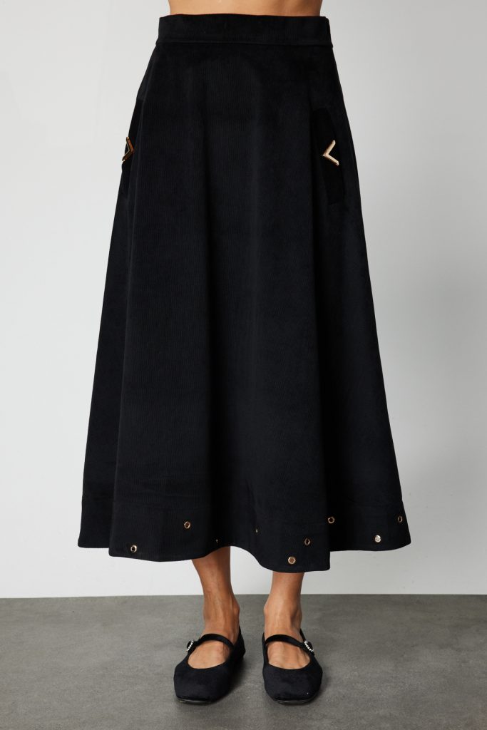 ON TRİKO Zımbalı Fitilli Midi Etek 66535 - Siyah