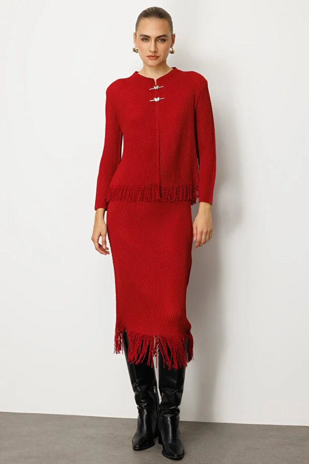 EKOL Kadın Beli Lastikli Püsküllü Etek 3911 - bordo