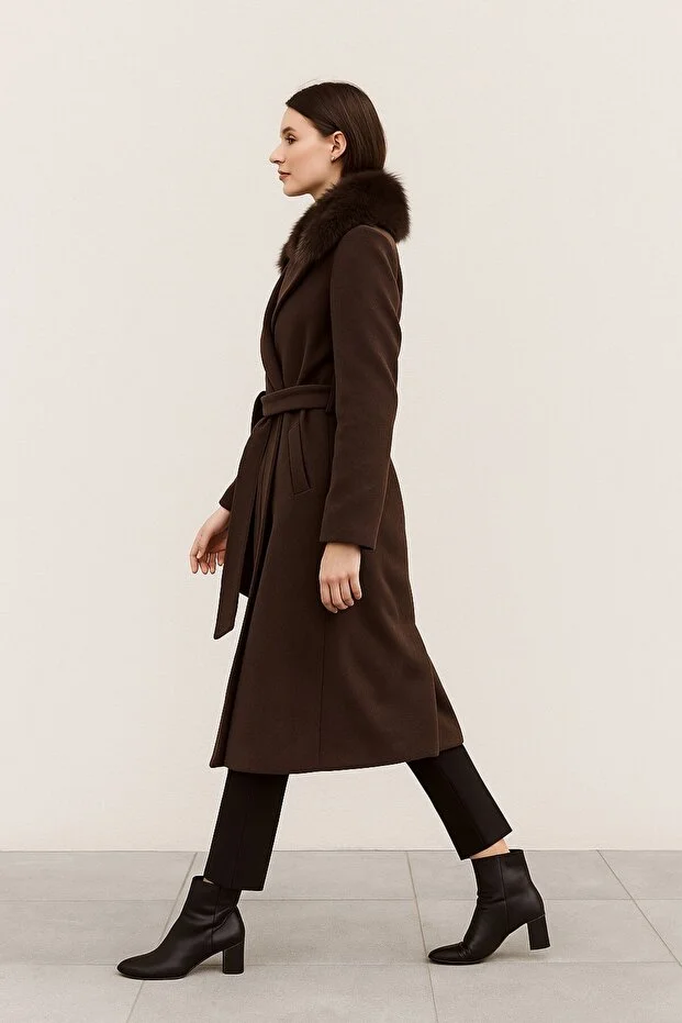 EKOL Yakası Kürklü Beli Kuşaklı Kaban  6001 - kahve