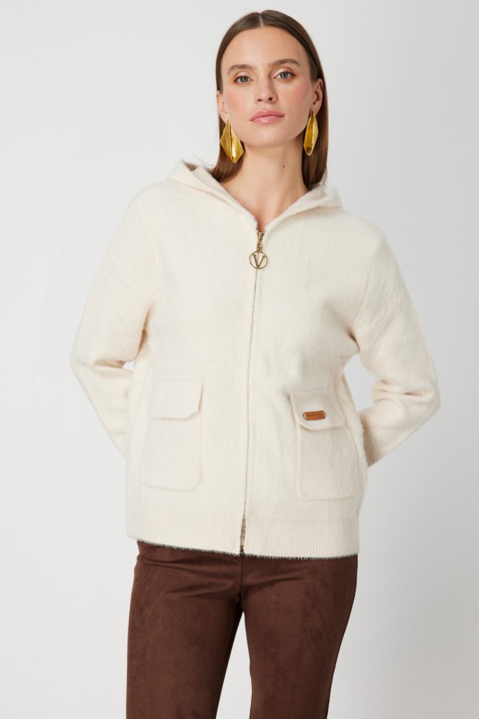 ON TRİKO Kapak Cepli Peluş Hırka 60936 - KREM