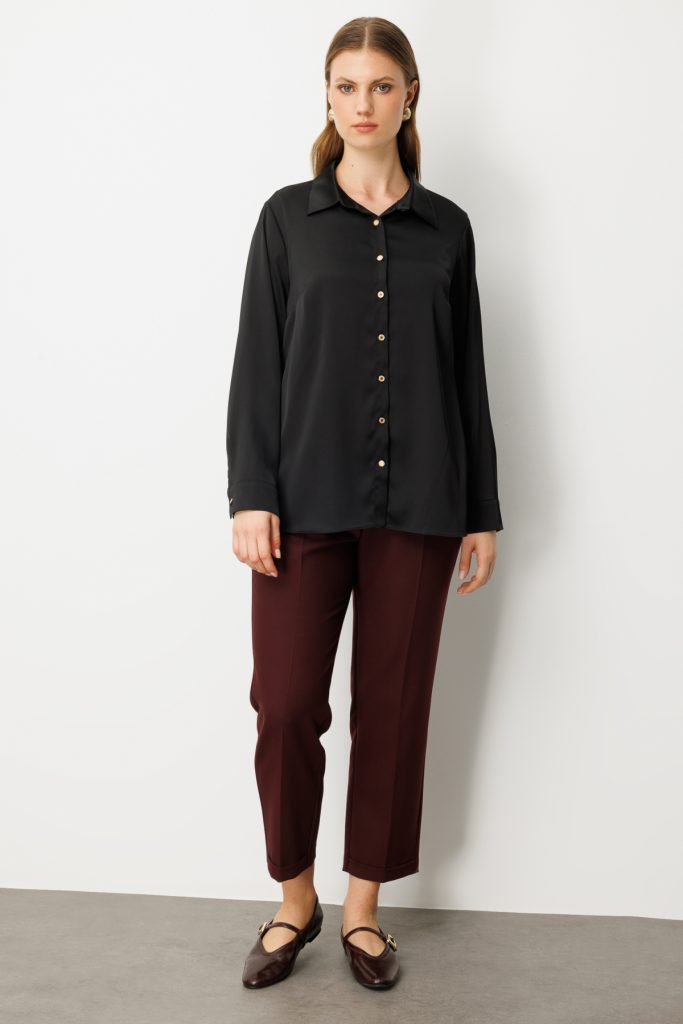 Ekol Düğmeli Saten Gömlek 3505-26k - Siyah