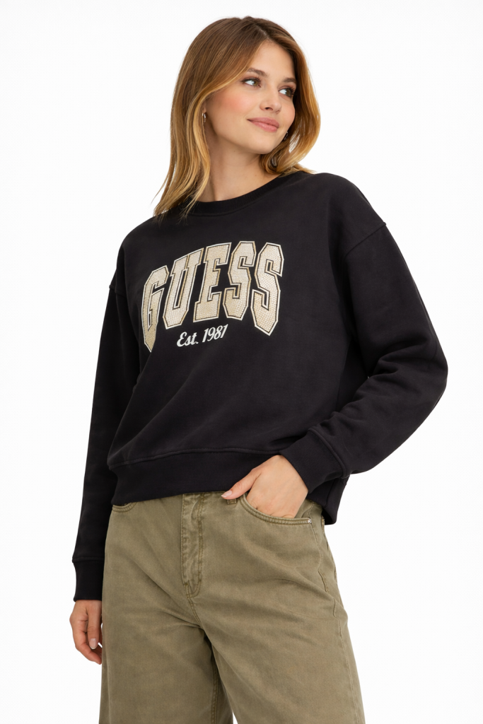 GUESS Pamuklu Relaxed Fit Bisiklet Yaka Logolu  W4BQ10KBY51 - Siyah