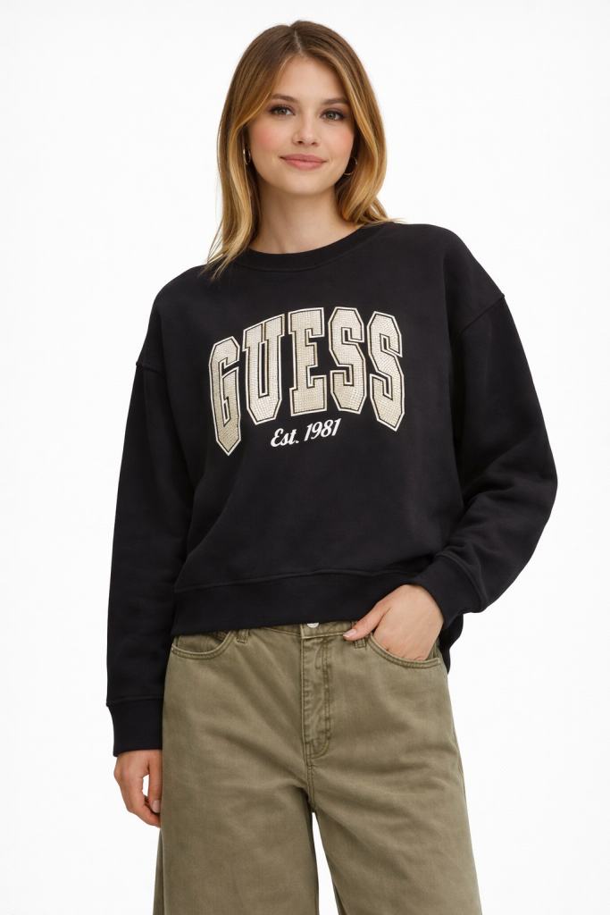 GUESS Pamuklu Relaxed Fit Bisiklet Yaka Logolu  W4BQ10KBY51 - Siyah