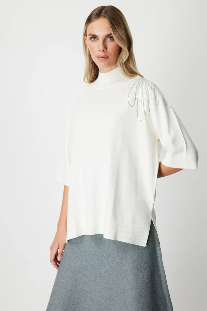 ON TRİKO Omzu Zincir İşlemeli Triko Kazak 65381 - EKRU