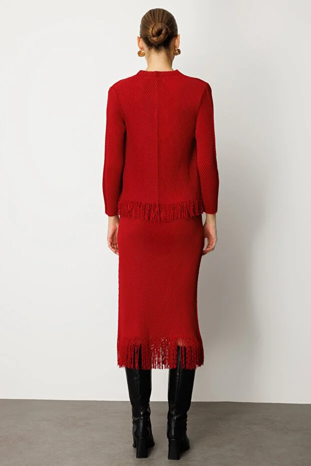 EKOL Kadın Beli Lastikli Püsküllü Etek 3911 - bordo