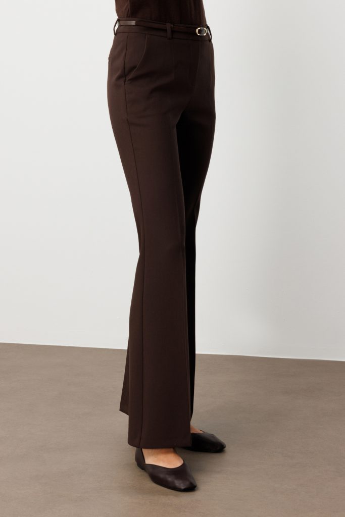 EKOL Beli Kemerli İspanyol Paça Pantolon 1011 - kahve