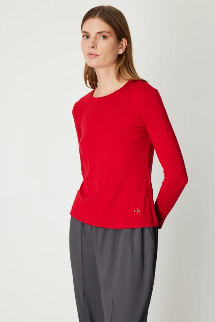 ON Metal Aksesuarlı Sıfır Yaka Basic Bluz 61303 - KIRMIZI