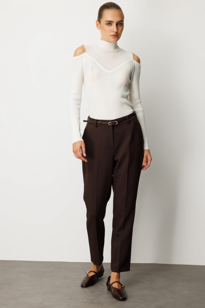 EKOL Beli Kemerli Dar Paça Pantolon 1013 - kahve