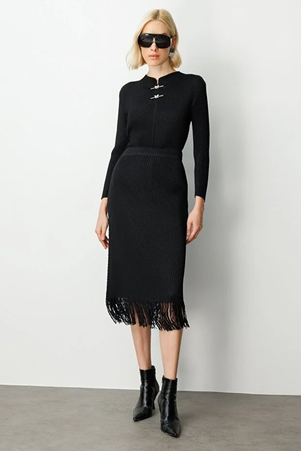 EKOL Kadın Beli Lastikli Püsküllü Etek 3911 - Siyah