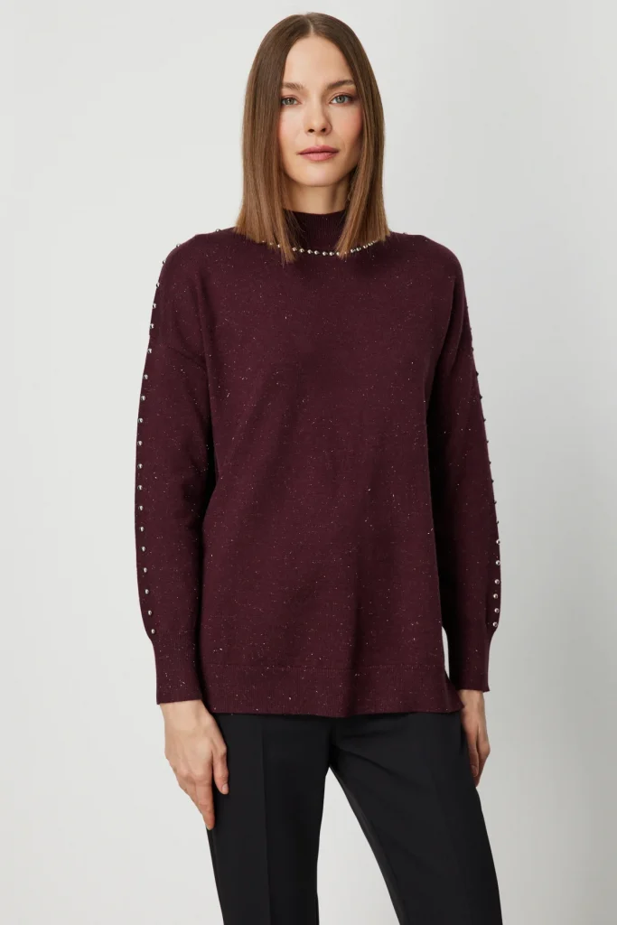 ON TRİKO Kumaşı Simli Zımba Detaylı Triko Kazak 60307 - bordo