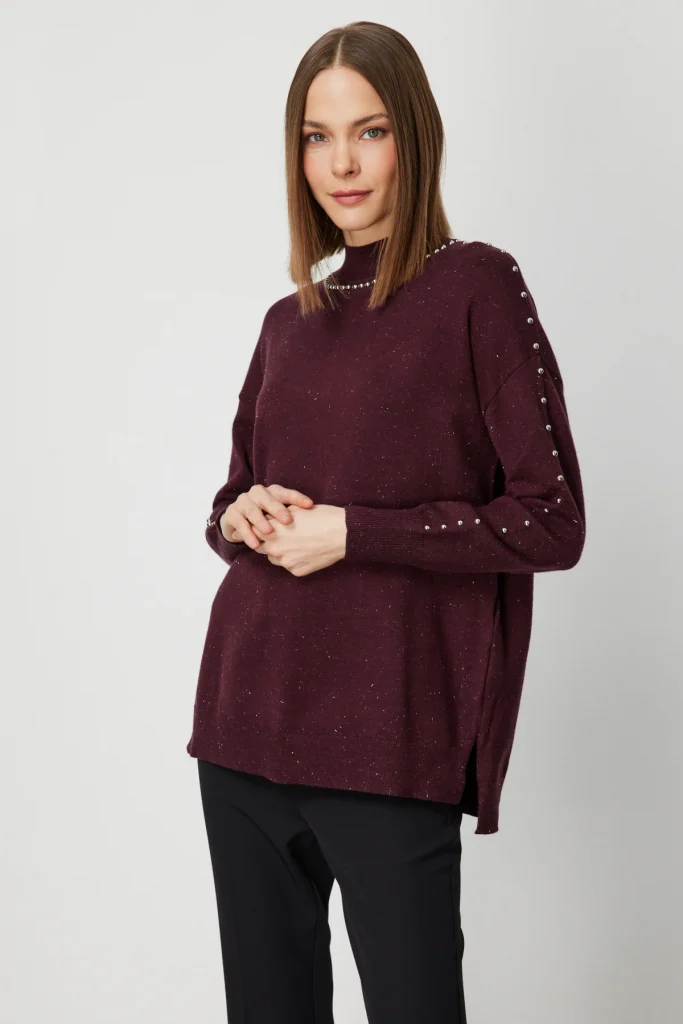 ON TRİKO Kumaşı Simli Zımba Detaylı Triko Kazak 60307 - bordo