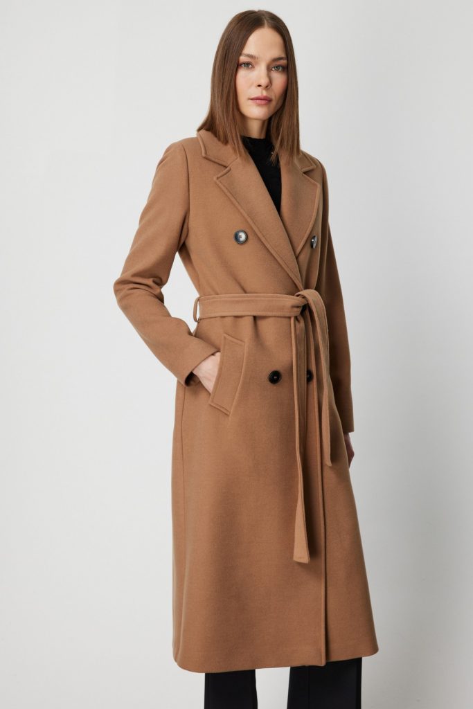 EKOL Beli Kuşaklı Kruvaze Yaka Kaban 6063 - VİZON