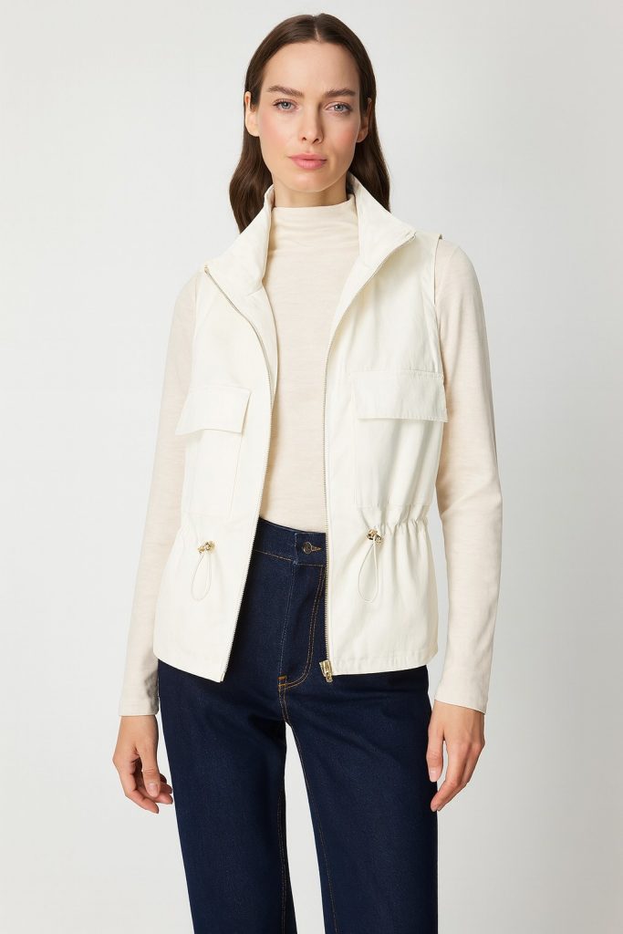 ON TRİKO Dik Yaka Beli Lastikli Yelek 60998 - EKRU