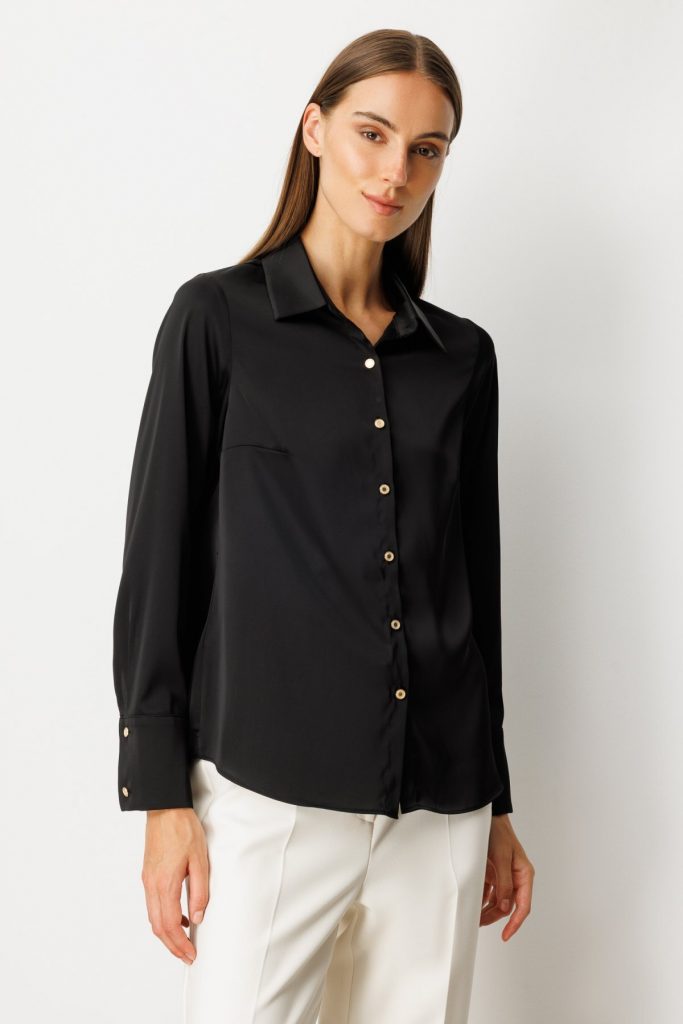EKOL Kadın Önü Düğmeli Saten Gömlek 3005 - Siyah