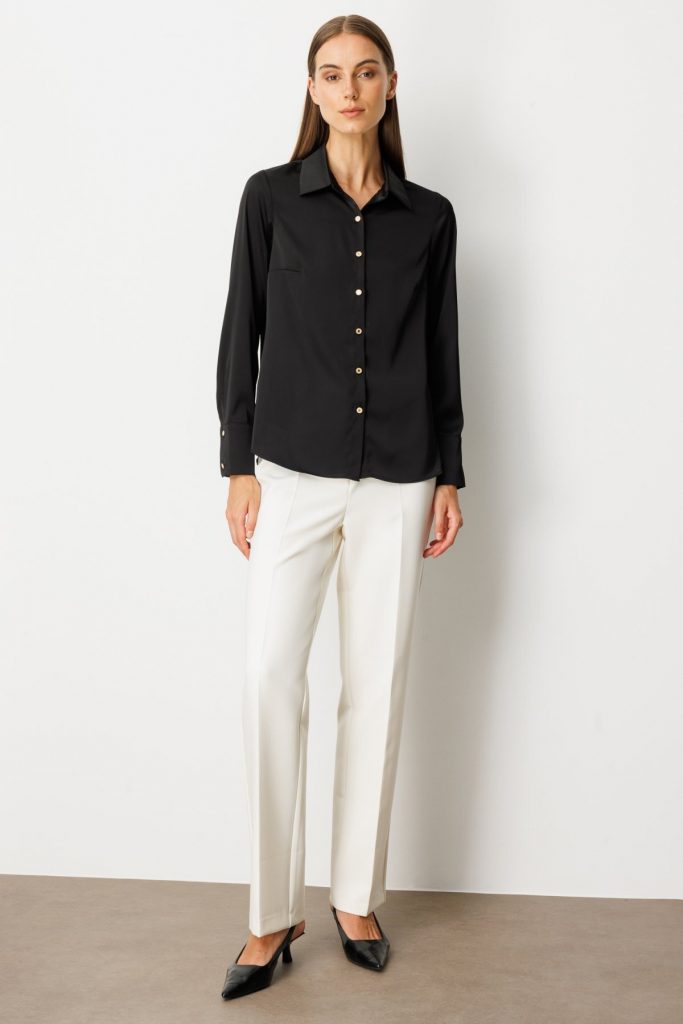 EKOL Kadın Önü Düğmeli Saten Gömlek 3005 - Siyah