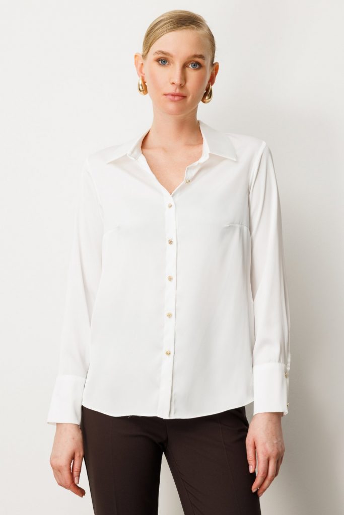 EKOL Kadın Önü Düğmeli Saten Gömlek 3005 - EKRU