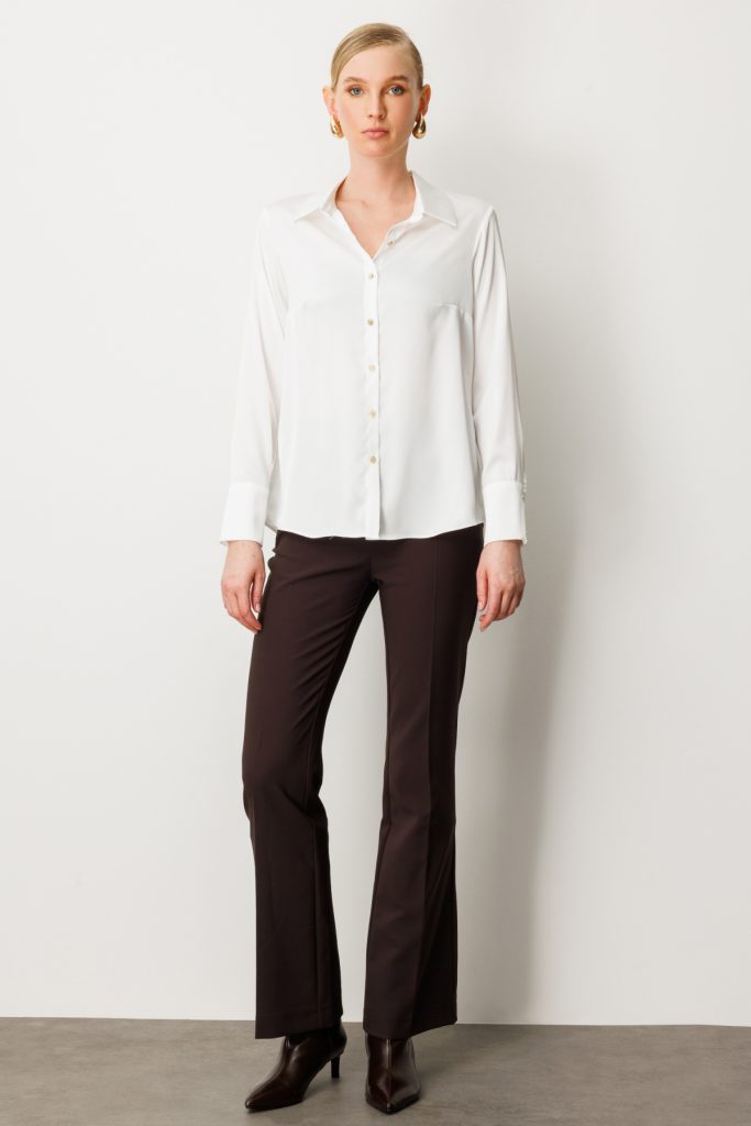 EKOL Kadın Önü Düğmeli Saten Gömlek 3005 - EKRU