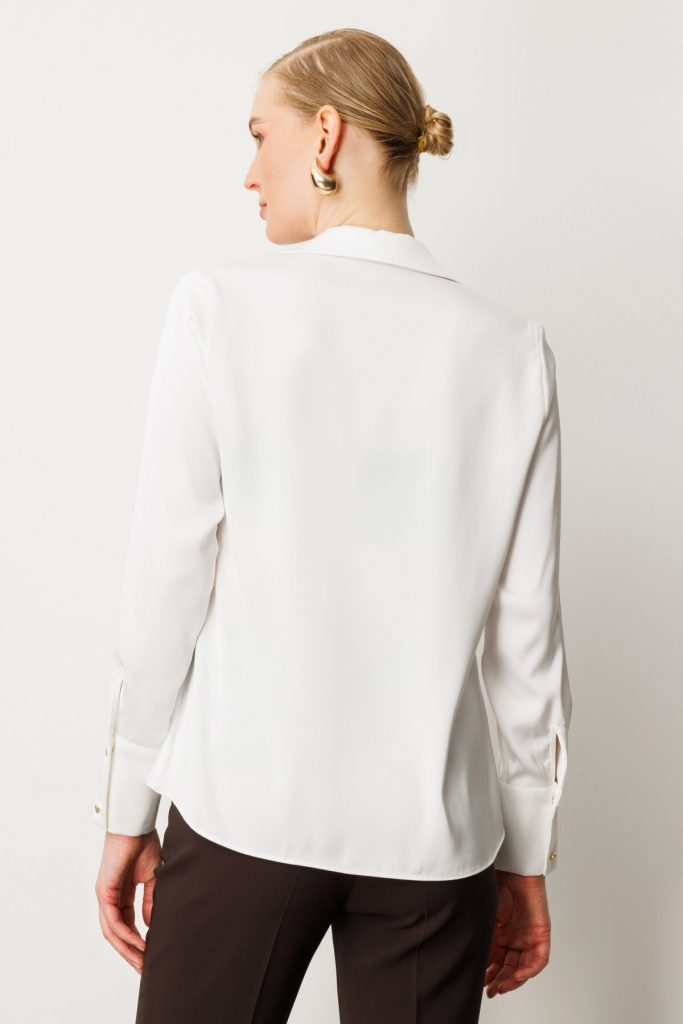 EKOL Kadın Önü Düğmeli Saten Gömlek 3005 - EKRU