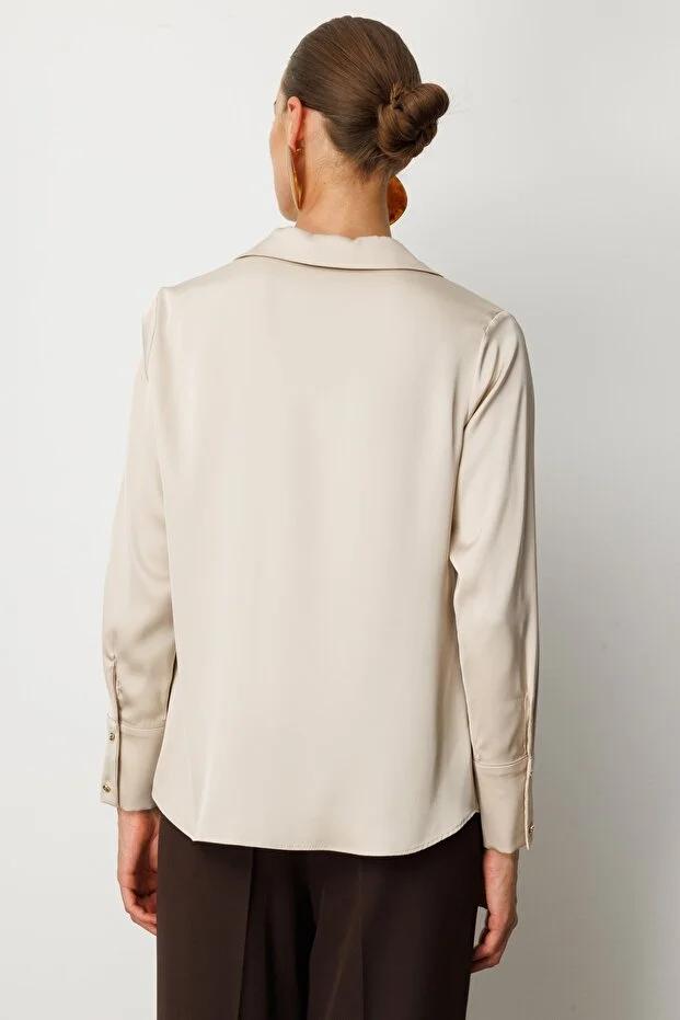 EKOL Kadın Önü Düğmeli Saten Gömlek 3005 - inci