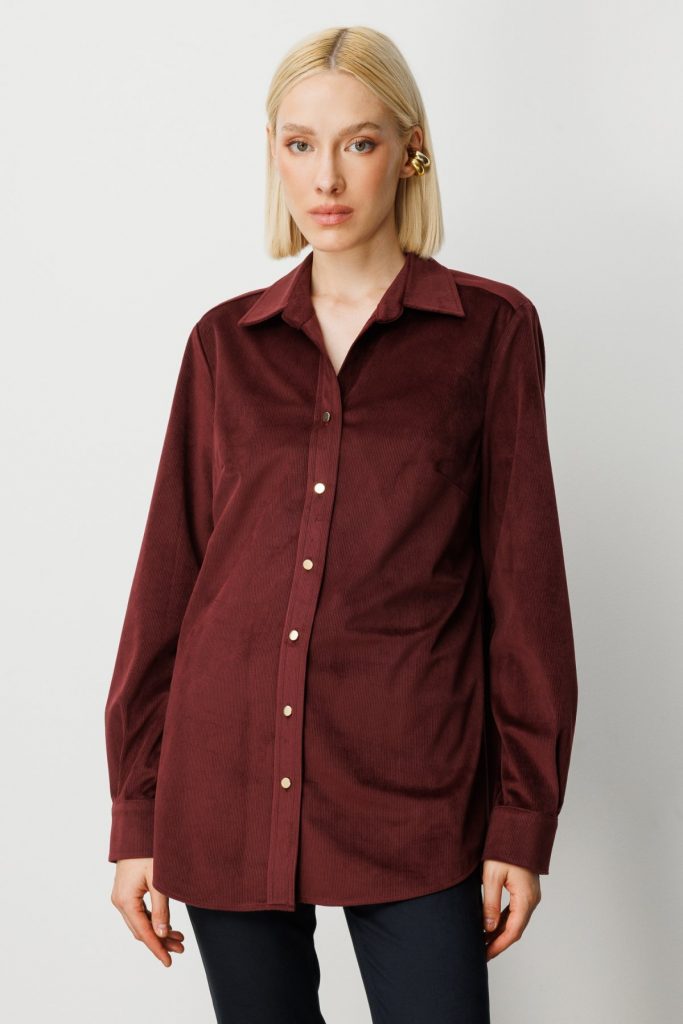 EKOL İnce Fitilli Kadife Gömlek 3045 - bordo