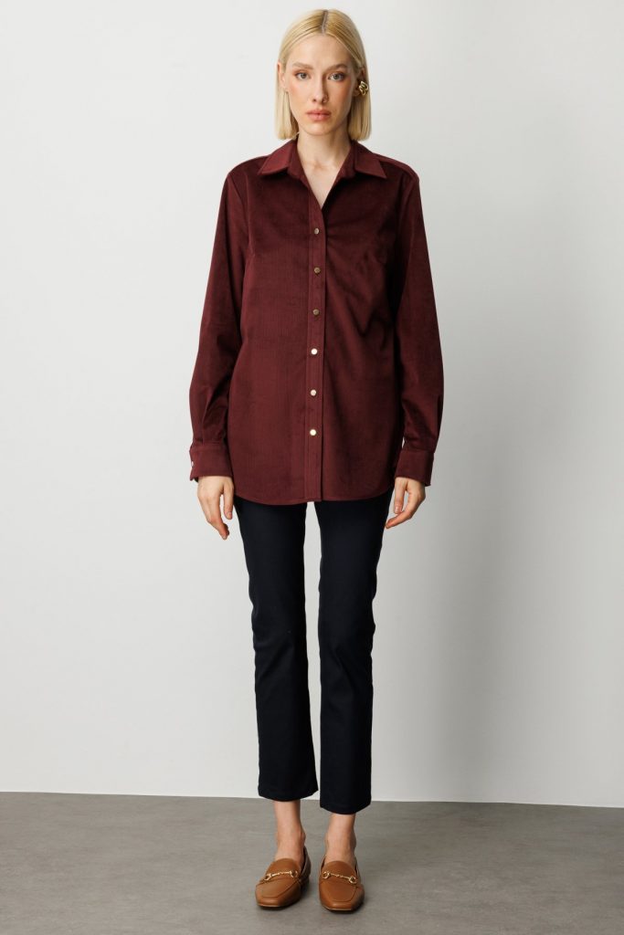 EKOL İnce Fitilli Kadife Gömlek 3045 - bordo