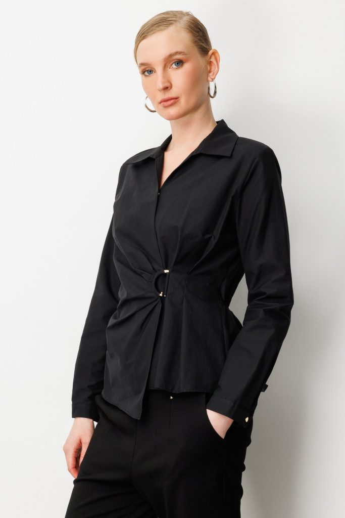 EKOL Kruvaze Yaka Önü Tokalı Bluz 3047