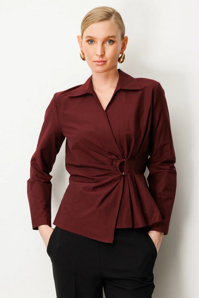 EKOL Kruvaze Yaka Önü Tokalı Bluz 3047