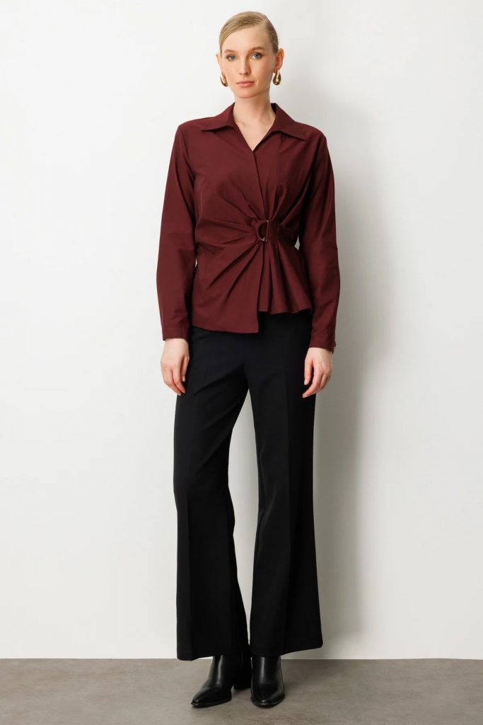 EKOL Kruvaze Yaka Önü Tokalı Bluz 3047 - bordo